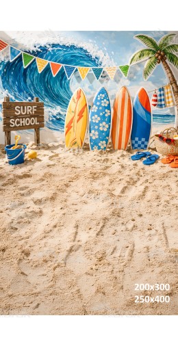 Tło fotograficzne „Surf school z kolorowymi deskami i falą oceanu” | 4059